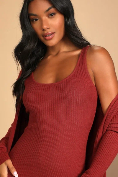 Lulus Layer Lover Rust Red Ribbed Knit Two-piece Dress & Cardigan Set In Red