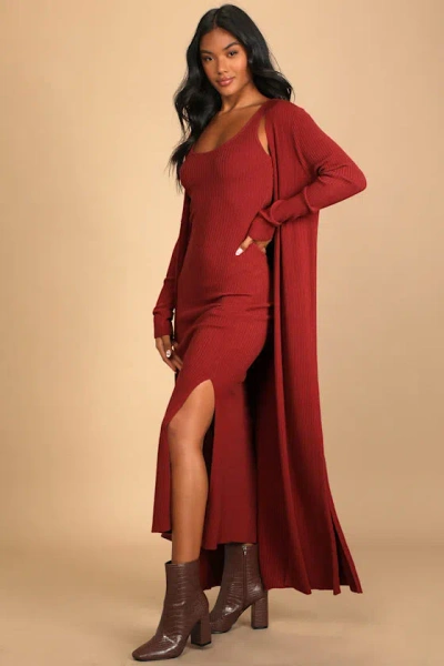 Lulus Layer Lover Rust Red Ribbed Knit Two-piece Dress & Cardigan Set In Red