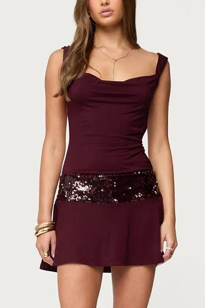 Edikted Sequin Backless Cowl Neck Mini Dress In Burgundy, Women's At Urban Outfitters In Burgundy
