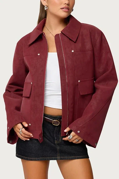 Edikted Annabelle Oversized Faux Suede Jacket In Burgundy, Women's At Urban Outfitters In Red