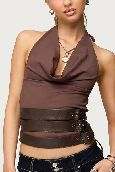 Edikted Buckle Halter Neck Open Back Crop Top In Brown