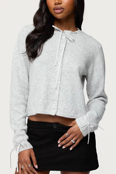 Edikted Vickie Ribbon Knit Cardigan In Gray/melange, Women's At Urban Outfitters In Gray