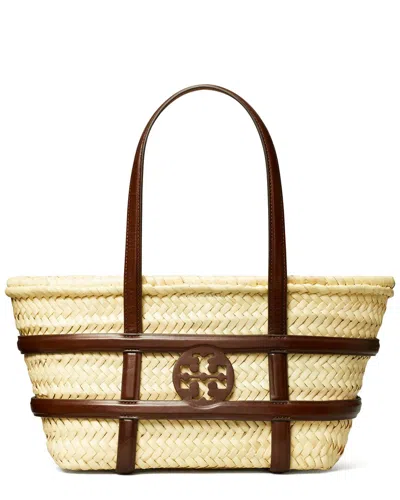 Tory Burch Small Ella Shopping Bag In Straw Classic Leather Color In Brown