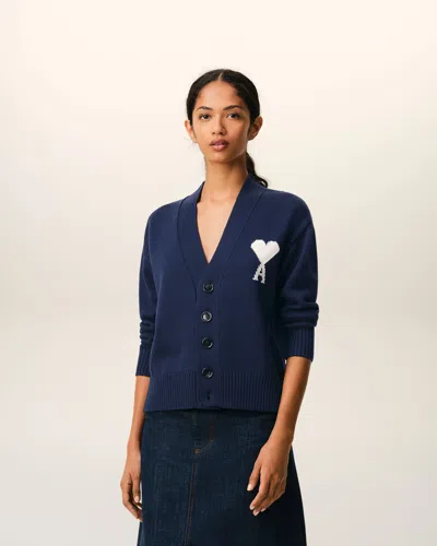 Ami Alexandre Mattiussi Ami Coeur-intarsia Horn-button Cardigan In Blue