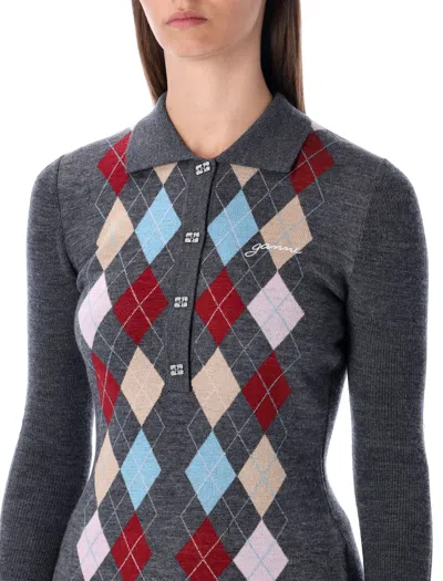 Ganni Grey Knitted Polo Wool With Argyle Pattern In Gray