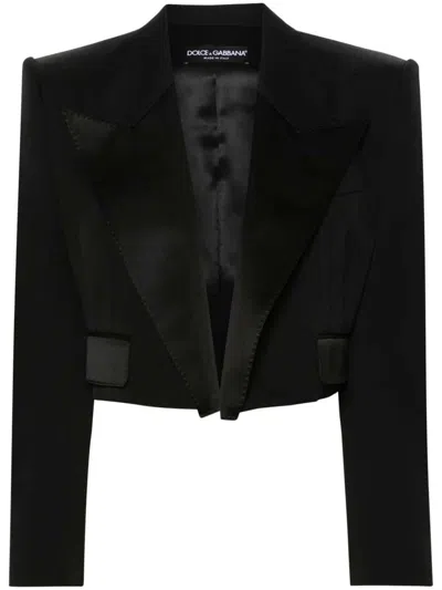 Dolce & Gabbana Cropped Blazer Virgin Wool Silk Blend In Black