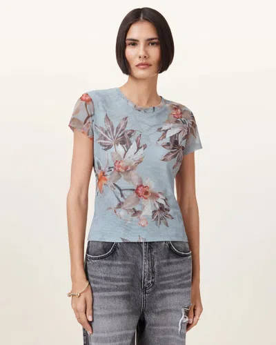 Allsaints Ellie Floral Print Mesh T-shirt In Blue