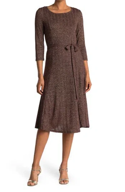 Nina Leonard Three-quarter Sleeve A-line Metallic Ribbed Midi Dress In Brown