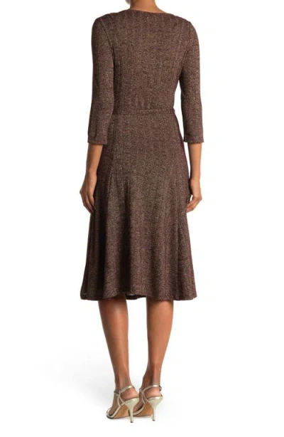 Nina Leonard Three-quarter Sleeve A-line Metallic Ribbed Midi Dress In Brown