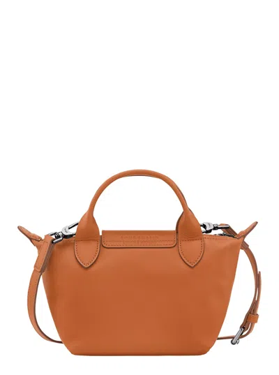 Longchamp Le Pilage Xtra Brown Handbag With Adjustable And Removable Shoulder Strap And Embossed Logo On The F In Orange