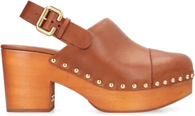 Chloé Chunky Heel Stud Embellishments Wooden Platform Pumps In Ginger Brown