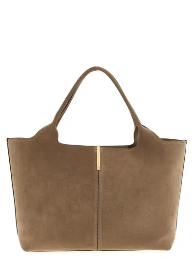 Tod's Ebr Beige Tote Bag With Logo Plaque On The Front And Contrasting Stitching In Suede Woman In Sand