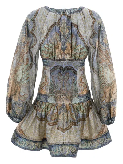 Zimmermann Wanderlust Multicolor Crewneck Mini Dress With Puffed Long Sleeves And All-over Print In Cotton And  In Gray