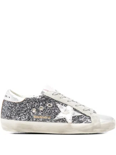 Golden Goose Super-star In Leather With Silver Glitter In Silver