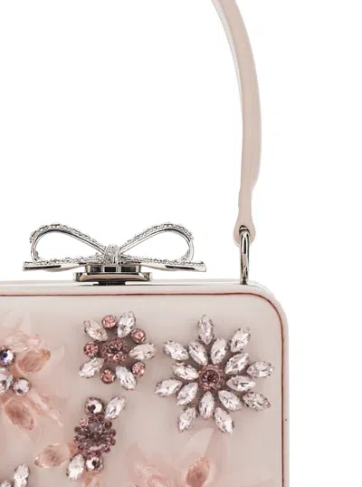 Self-portrait Pink Clutch Bag With All-over Floral Details And Metallic Bow In Satin Woman In Pink