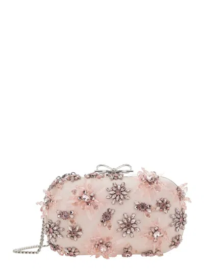 Self-portrait Pink Clutch Bag With Floral Embellishment And Bow Detail In Tech Fabric And Metal Woman In Pink