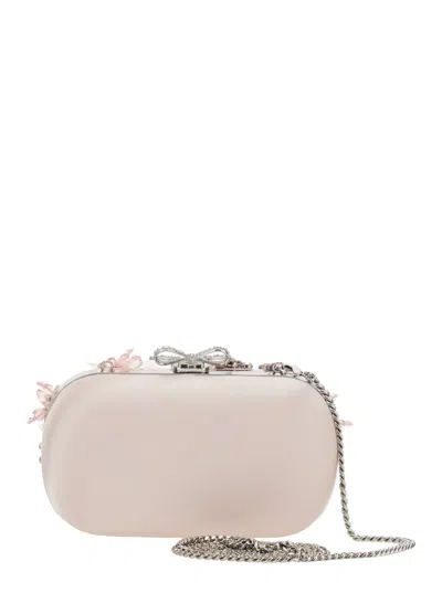 Self-portrait Pink Clutch Bag With Floral Embellishment And Bow Detail In Tech Fabric And Metal Woman In Pink