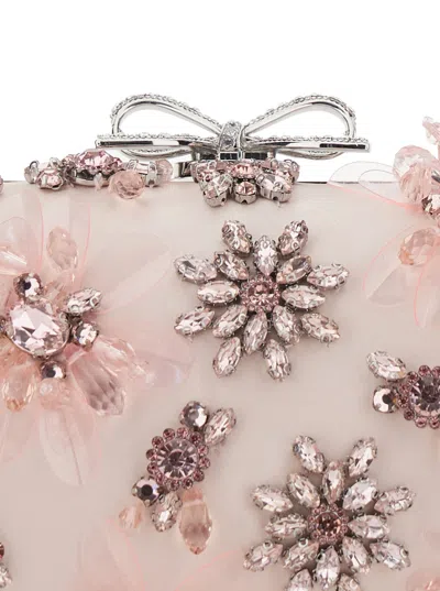 Self-portrait Pink Clutch Bag With Floral Embellishment And Bow Detail In Tech Fabric And Metal Woman In Pink