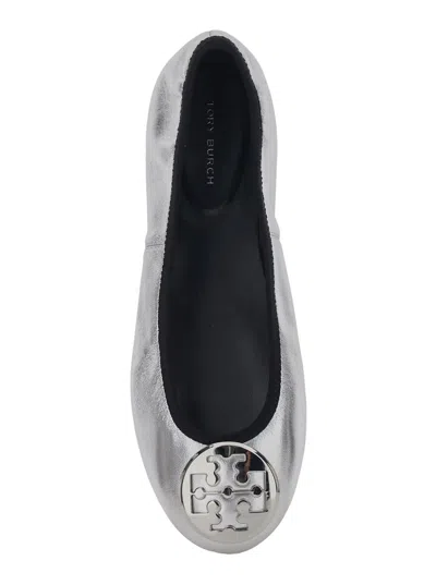 Tory Burch Silver Colored Ballerinas With Logo Plaque On The Front And Elasticated Design In Leather Woman In Silver