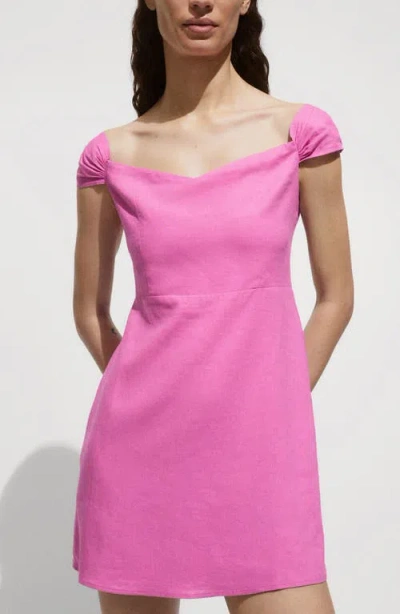 Mango Sweetheart Neck Linen Blend Dress In Pink