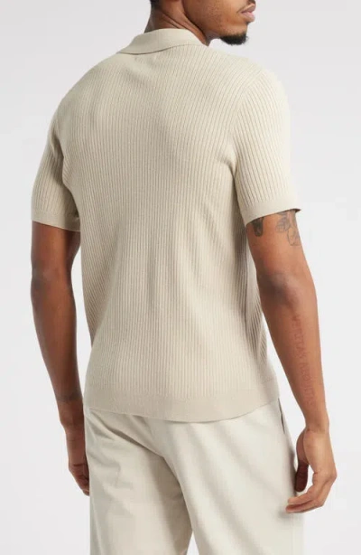 Open Edit Ribbed Short Sleeve Camp Collar Cardigan In Neutral
