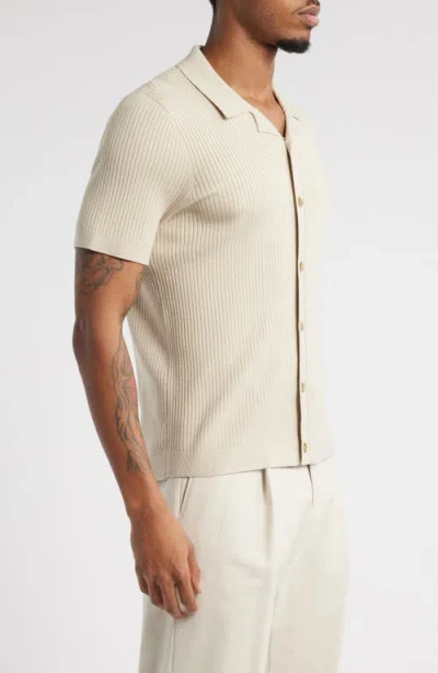 Open Edit Ribbed Short Sleeve Camp Collar Cardigan In Neutral