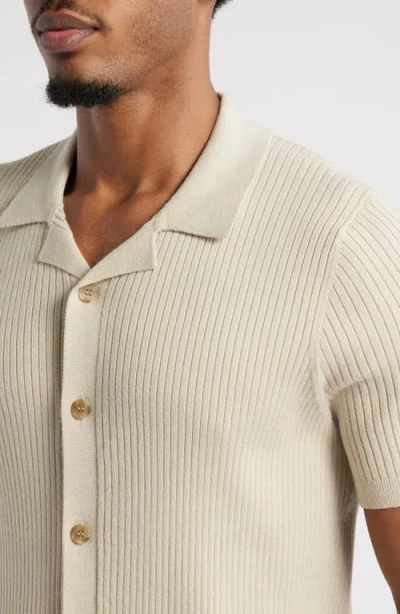 Open Edit Ribbed Short Sleeve Camp Collar Cardigan In Neutral
