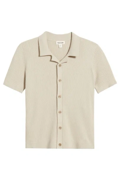 Open Edit Ribbed Short Sleeve Camp Collar Cardigan In Neutral