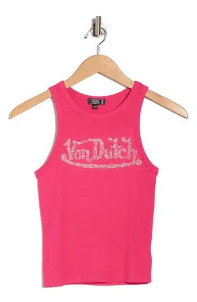 Von Dutch Rhinestone Ribbed Tank In Pink