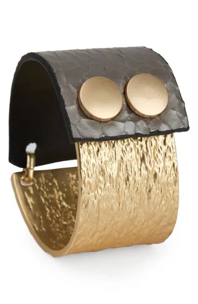 Saachi Textured Link Faux Leather Cuff Bracelet In Gold