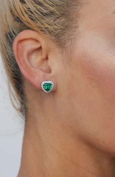 Savvy Cie Jewels Cubic Zirconia Heart Halo Stud Earrings In Green
