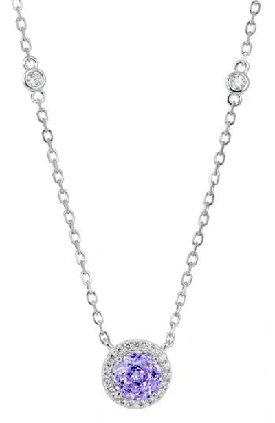 Savvy Cie Jewels Floral Faceted Cubic Zironia Halo Pendant Necklace In Purple