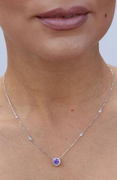 Savvy Cie Jewels Floral Faceted Cubic Zironia Halo Pendant Necklace In Purple