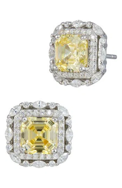 Savvy Cie Jewels Asscher Cut Cubic Zirconia Double Halo Stud Earrings In Metallic