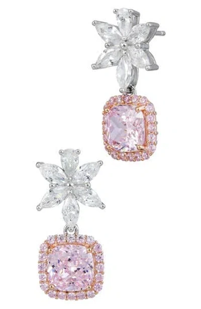 Savvy Cie Jewels Cubic Zirconia Flower Cushion Drop Earrings In Metallic