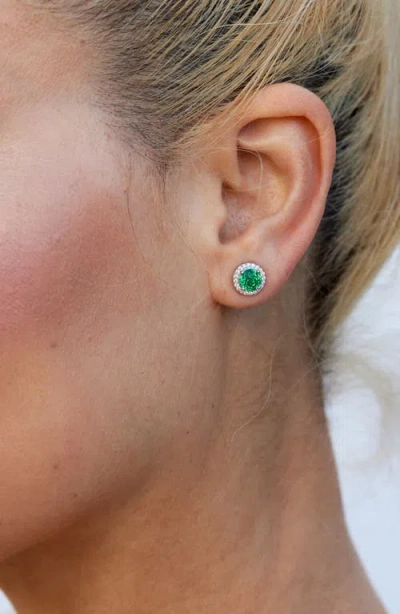 Savvy Cie Jewels Floral Faceted Round Cubic Zirconia Halo Stud Earrings In Green