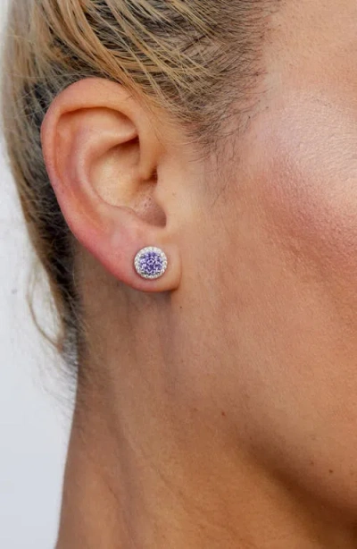 Savvy Cie Jewels Floral Faceted Round Cubic Zirconia Halo Stud Earrings In Purple