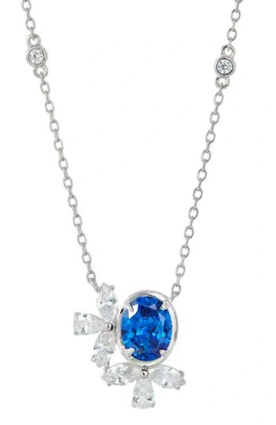 Savvy Cie Jewels Cubic Zirconia Cluster Oval Pendant Necklace In Blue