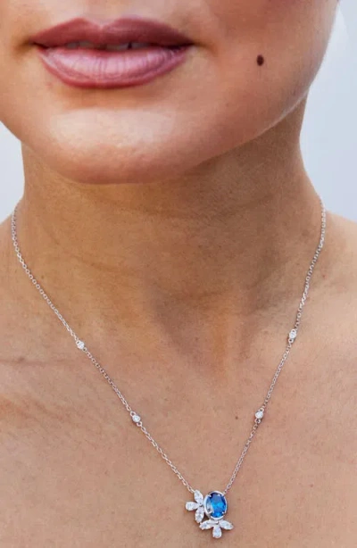 Savvy Cie Jewels Cubic Zirconia Cluster Oval Pendant Necklace In Blue