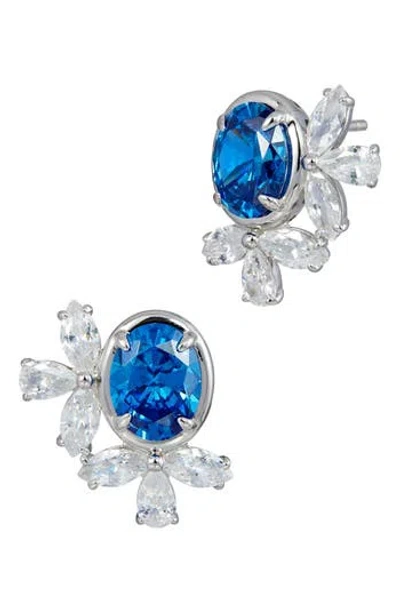 Savvy Cie Jewels Cubic Zirconia Cluster Oval Stud Earrings In Blue