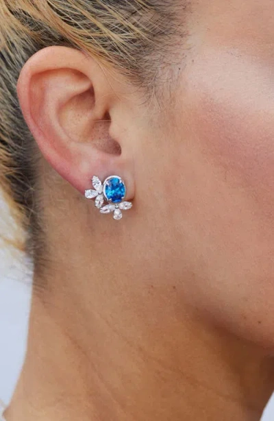 Savvy Cie Jewels Cubic Zirconia Cluster Oval Stud Earrings In Blue