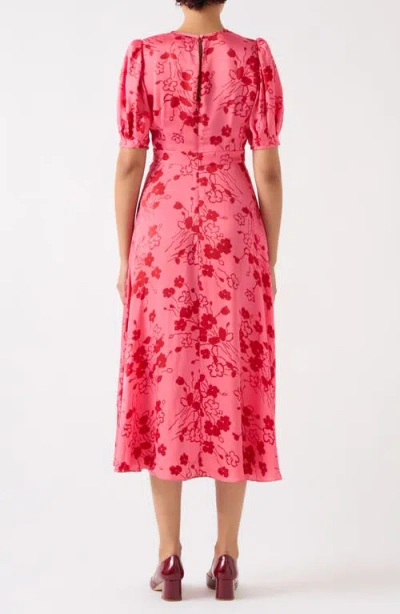 Lk Bennett Jem Puff Sleeve Hammered Satin Midi Dress In Pink