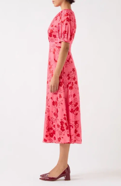 Lk Bennett Jem Puff Sleeve Hammered Satin Midi Dress In Pink