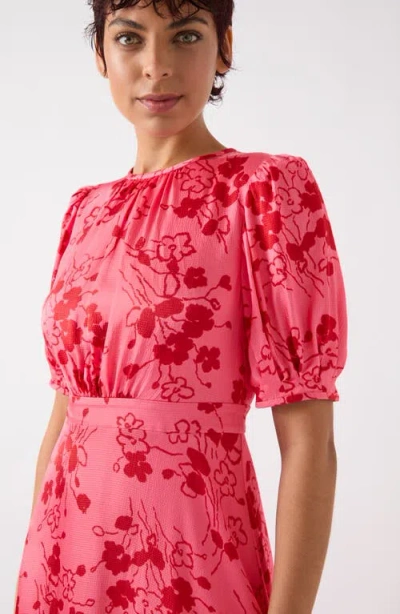 Lk Bennett Jem Puff Sleeve Hammered Satin Midi Dress In Pink