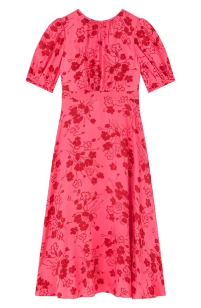 Lk Bennett Jem Puff Sleeve Hammered Satin Midi Dress In Pink