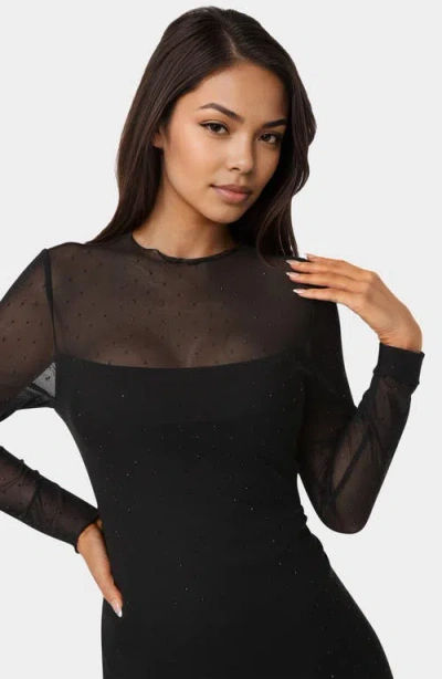Bebe Rhinestone Mesh Long Sleeve Body-con Dress In Black