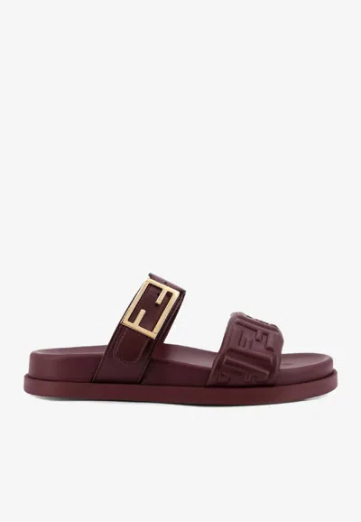 Fendi Feel Embossed Ff Leather Flat Sandals In Purple
