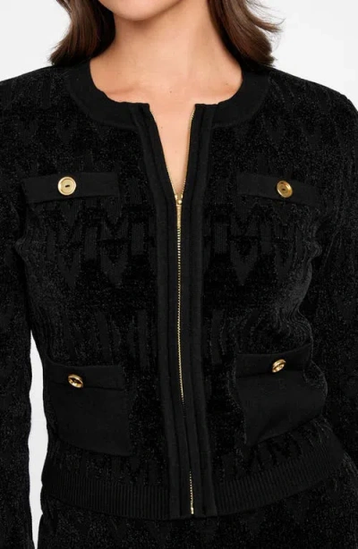 Marciano Adele Logo Jacquard Chenille Zip-up Cardigan In Black