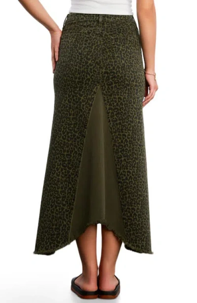 Wash Lab Denim Leopard Print Pieced Denim Midi Skirt In Green