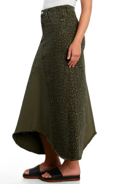 Wash Lab Denim Leopard Print Pieced Denim Midi Skirt In Green